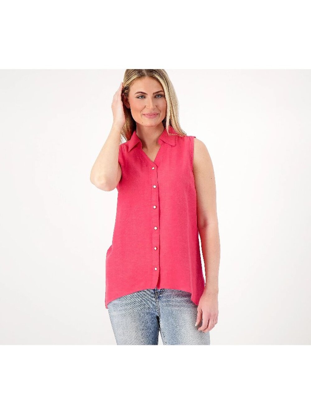 Denim and Co Top Women Small Air Drape Linen Shirt Novelty Hibiscus Pink NEW